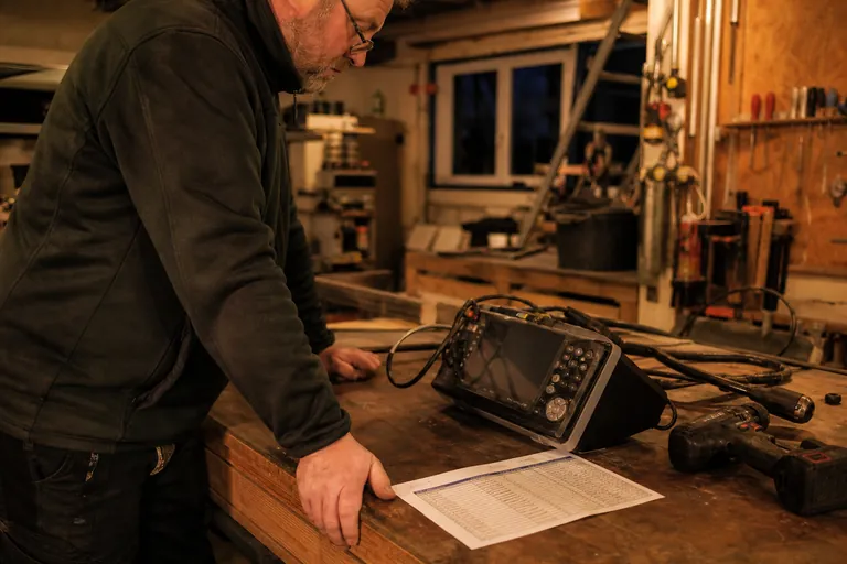 Prüfgerät, Akkuwerkzeug und Inventarliste auf einer Werkbank vor einer DGUV V3 Prüfung.