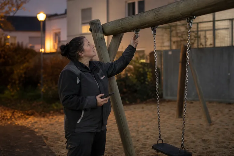 Mitarbeiterin kontrolliert die Aufhängung einer Schaukel auf einem Spielplatz und dokumentiert die Sichtprüfung.
