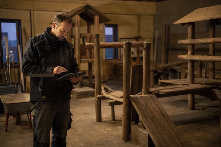 Bauhofmitarbeiter prüft mit Tablet die anstehenden Inspektionstermine auf einem Spielplatz.