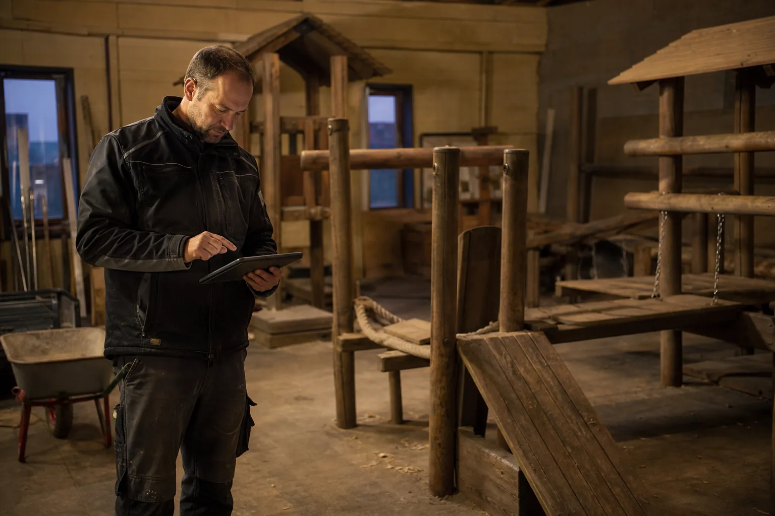 Bauhofmitarbeiter prüft mit Tablet die anstehenden Inspektionstermine auf einem Spielplatz.