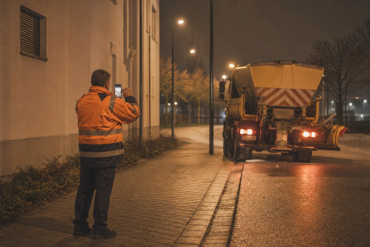 Hausmeister dokumentiert eine Winterdienstkontrolle auf einem Gehweg mit dem Smartphone