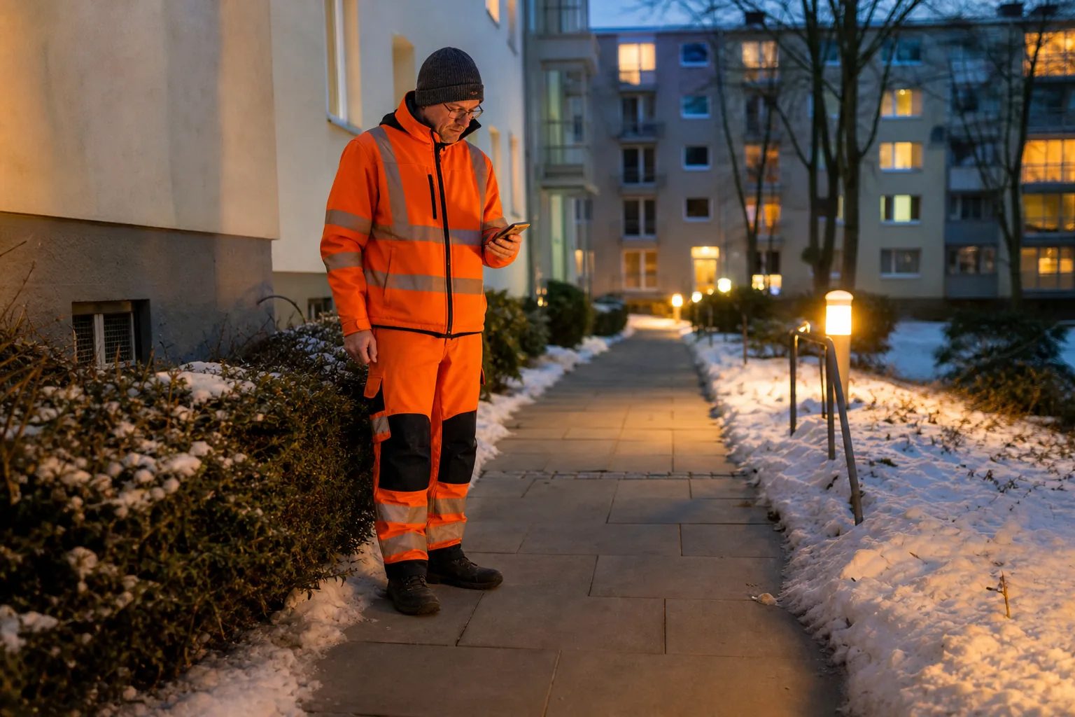 Hausmeister kontrolliert einen geräumten Gehweg vor einem Wohngebäude und dokumentiert den Einsatz am Smartphone.
